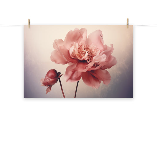 Quiet Blooms Peony Retro Subdued Photorealism - Digital Artwork Loose Art Print