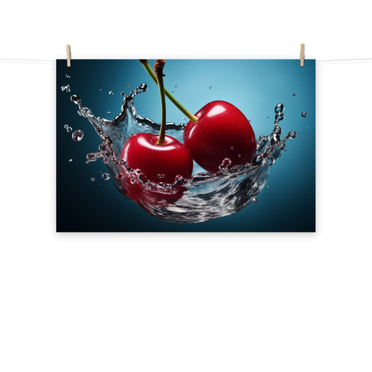 Red Delight Cherry in Water Photorealism - Digital Artwork Loose Art Print