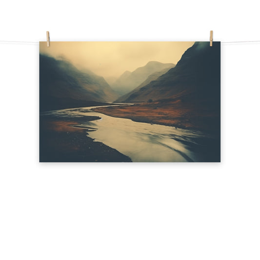 Misty Mountain Valley Vintage Subdued Photorealism - Digital Artwork Loose Art Print