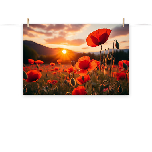 Scarlet Serenade Poppy Field Sunset Photorealism - Digital Artwork Loose Art Print