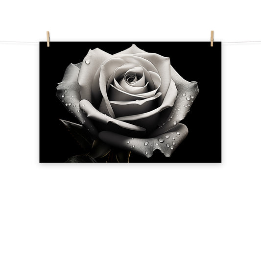 Silver Tears Black and White Rose Photorealism - Digital Artwork Loose Art Print