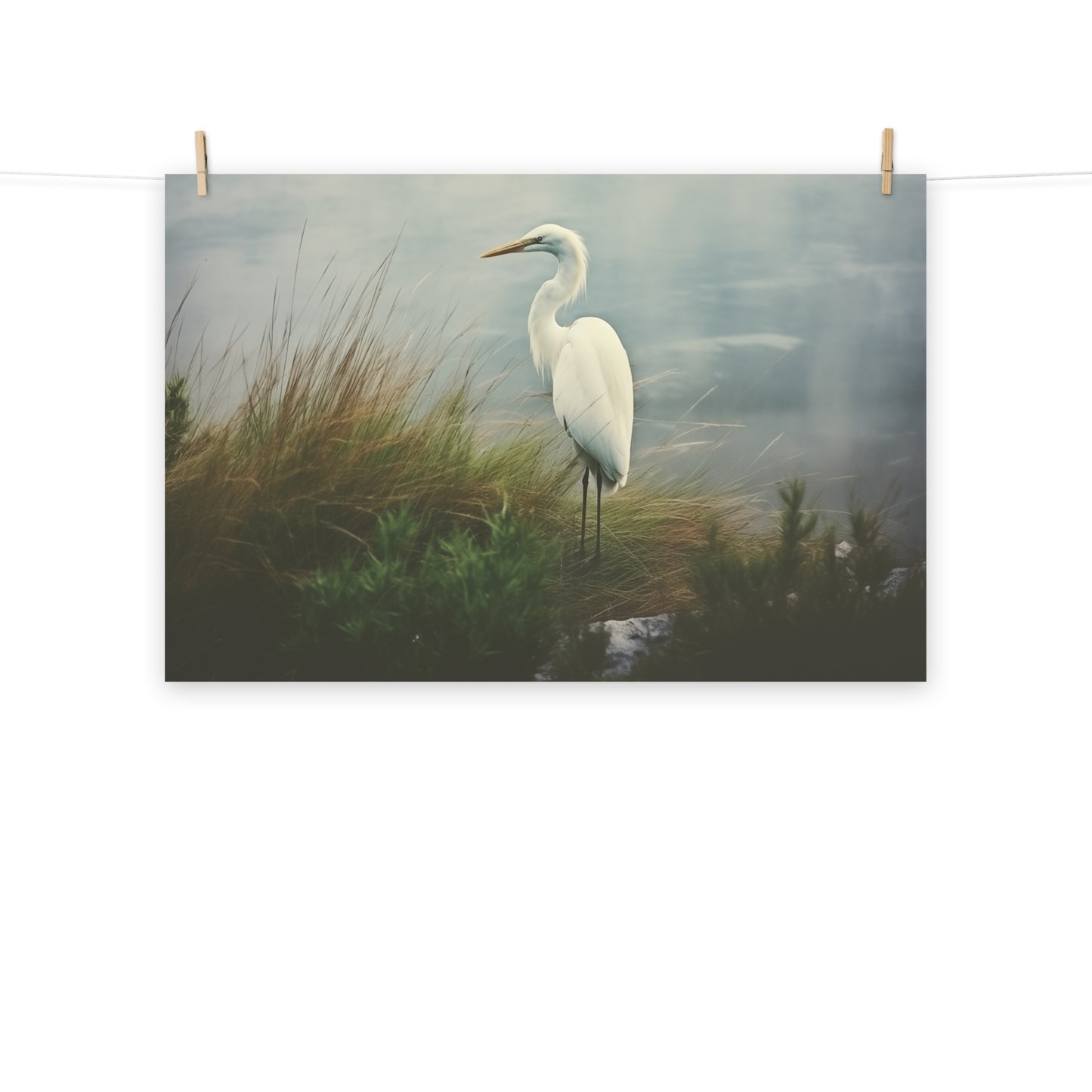 Solitary Sentinel Egret Retro Subdued Photorealism - Digital Artwork Loose Art Print