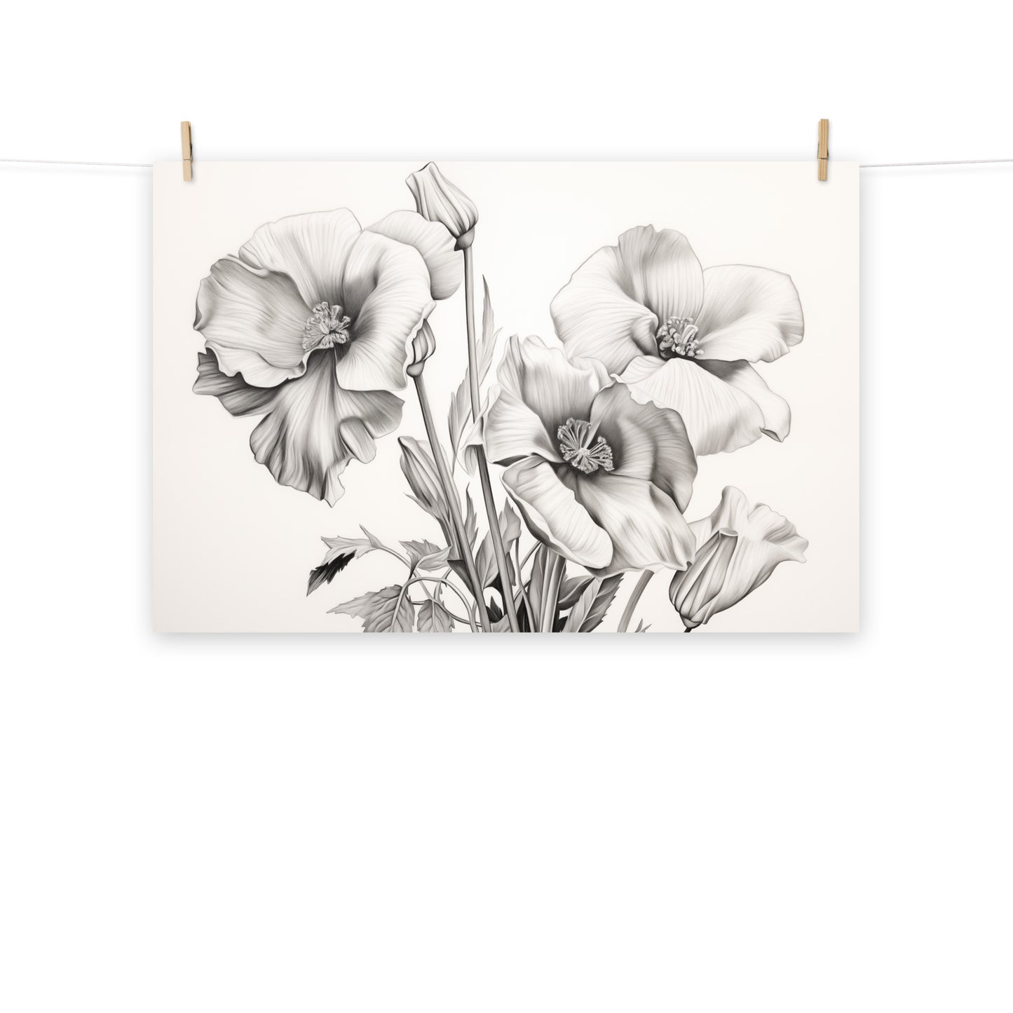 Summer Poppies Charcoal Pencil Sketch - Digital Artwork Loose Art Print