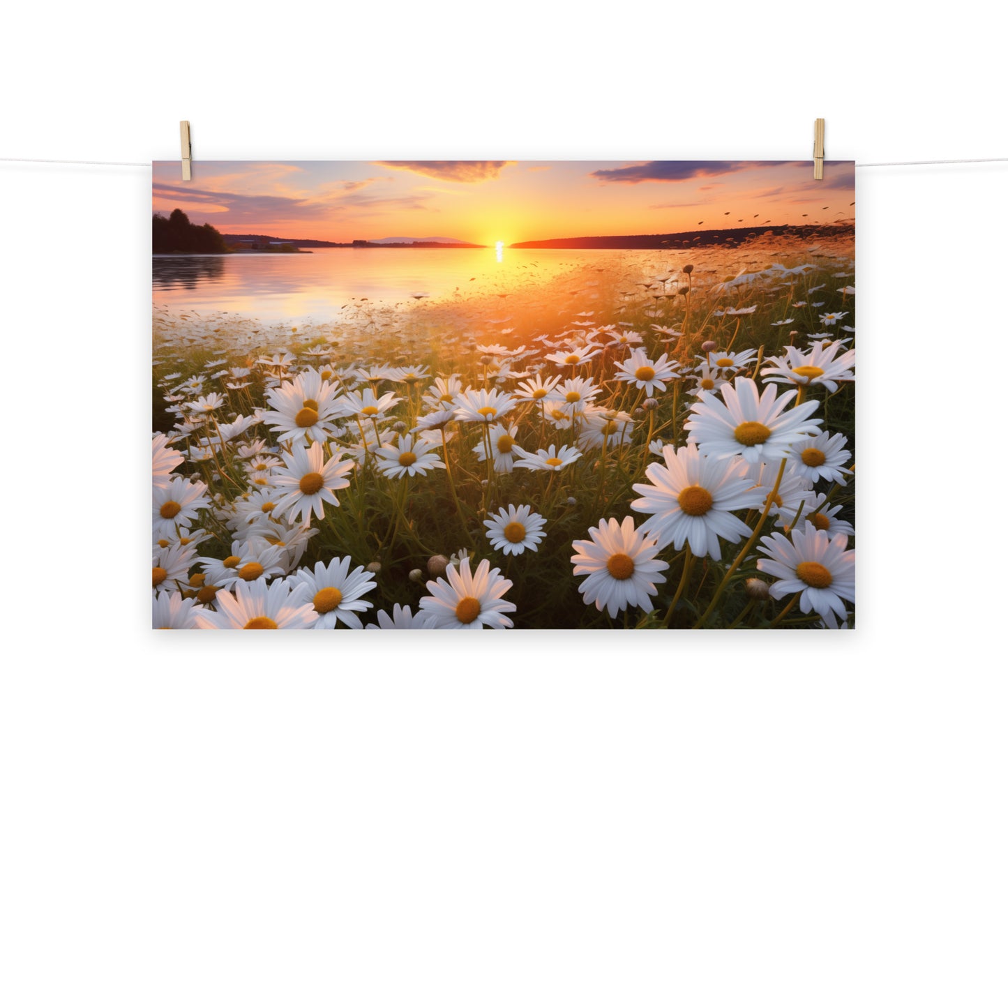 Sunset Serenade Daisy Field Photorealism - Digital Artwork Loose Art Print