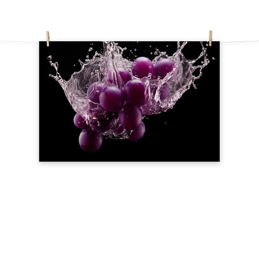 The Juicy Explosion Purple Grapes in Water Photorealism - Digital Artwork Loose Art Print