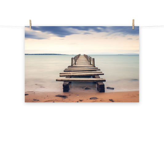 Tranquil Tides Abandoned Weathered Pier Beach Subdued Photorealism - Digital Artwork Loose Art Print