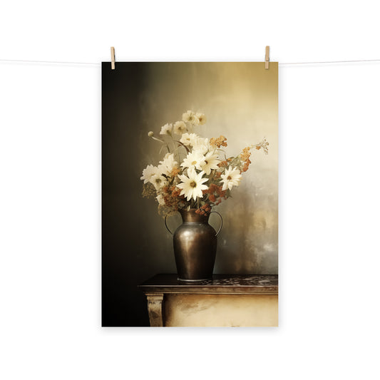 White Floral Wall Art: A Moment of Bloom Flower Bouquet Retro Subdued Photorealism - Digital Artwork Loose Print