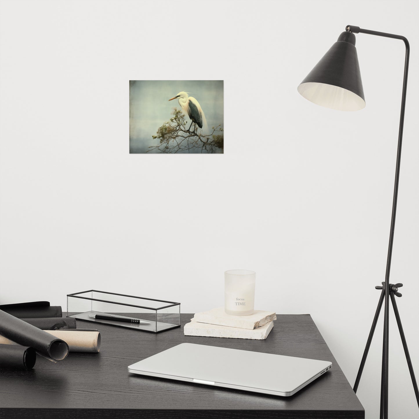 Heron Print: Coastal Solitude Egret Retro Subdued Photorealism - Digital Artwork Loose Art