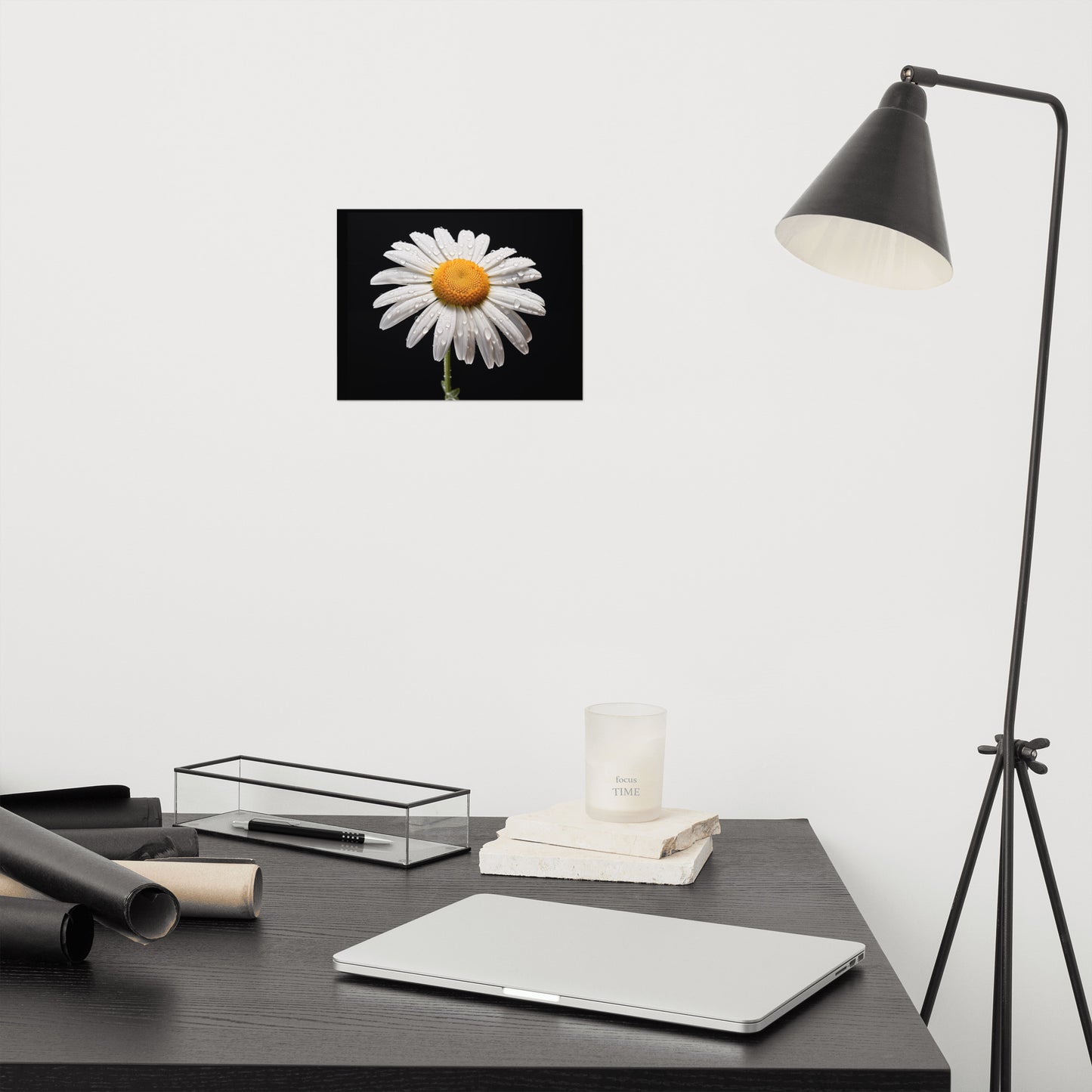 White Flower Black Background Painting: Dew-kissed Daisy Floral Photorealism - Digital Artwork Loose Art Print