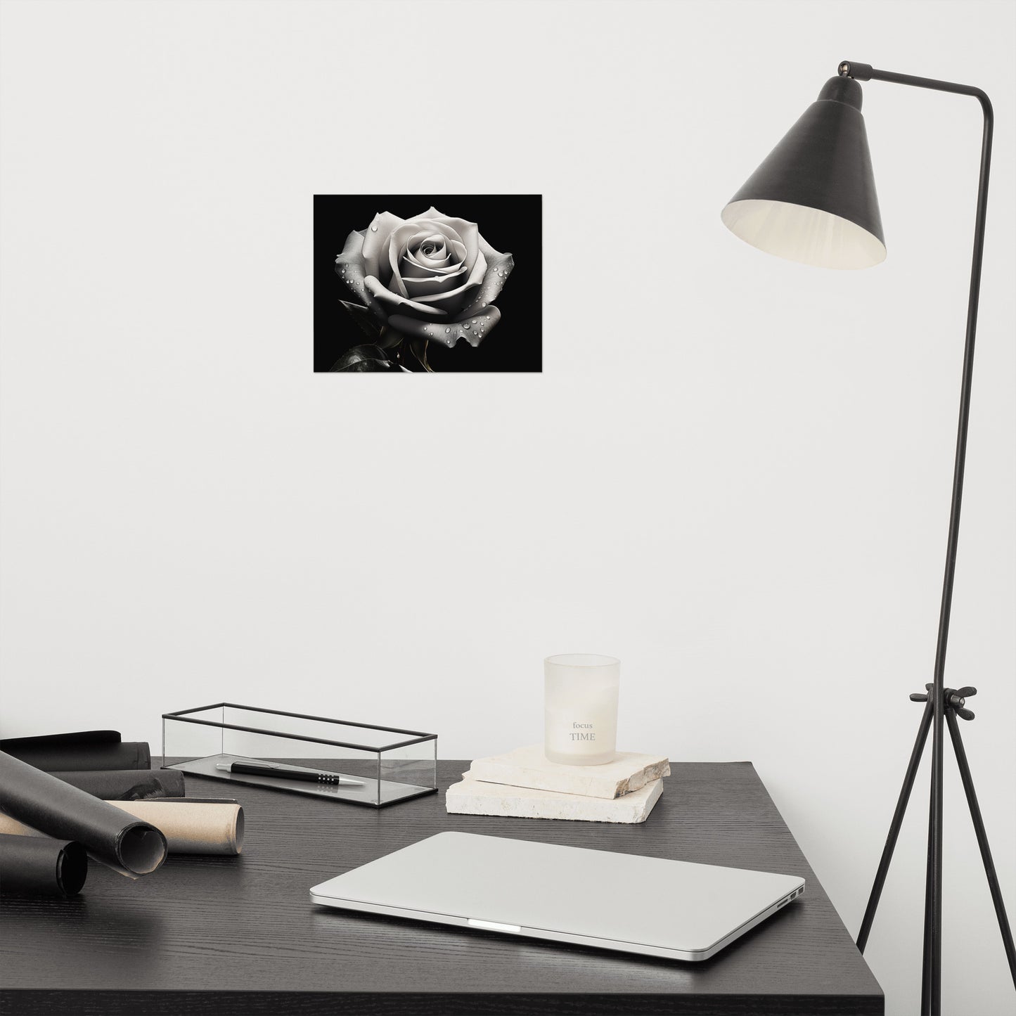 Silver Tears Black and White Rose Photorealism - Digital Artwork Loose Art Print