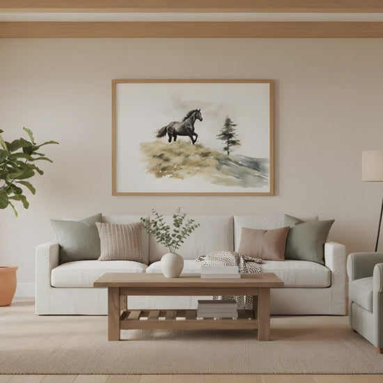 Running Free Rustic Wildlife Watercolor Painting in Modern Farmhouse Style Living Room