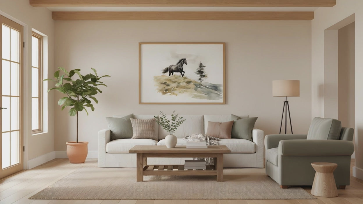 Running Free Rustic Wildlife Watercolor Painting in Modern Farmhouse Style Living Room