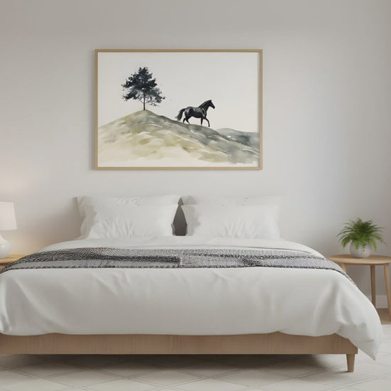 Spirit of the Hills Rustic Wildlife Watercolor Painting Loose Art Print Custom Frame in Scandinavian Guest Bedroom