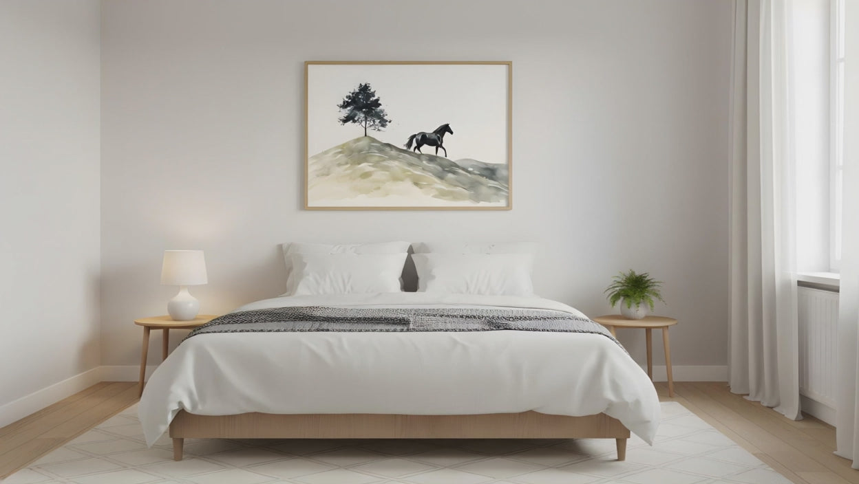 Spirit of the Hills Rustic Wildlife Watercolor Painting Loose Art Print Custom Frame in Scandinavian Guest Bedroom