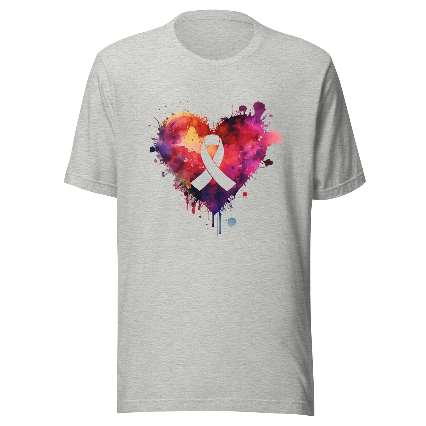 Ribbon in Center of Bold Colorful Heart - Cancer - Digital Watercolor Graphic Design Unisex T-shirt