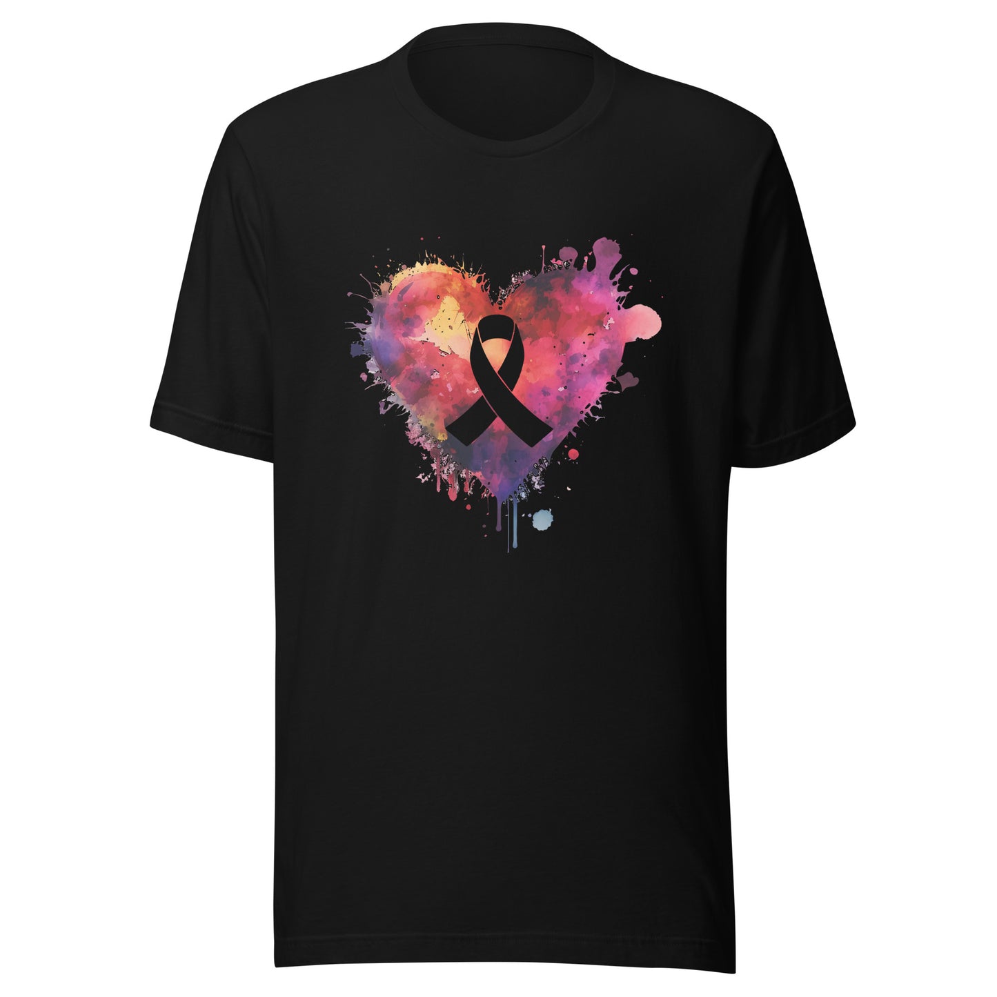 Ribbon in Center of Bold Colorful Heart - Cancer - Digital Watercolor Graphic Design Unisex T-shirt