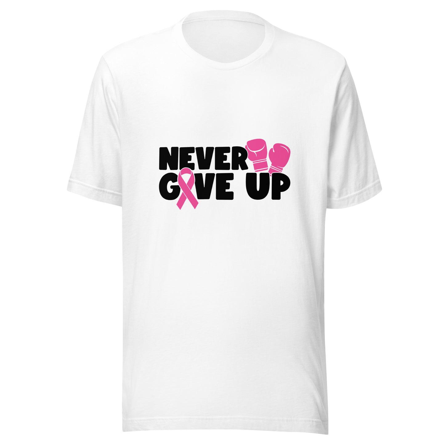 Never Give Up - Breast Cancer Warrior Fighter Survivor Pink Cancer Ribbon Boxing Gloves Unisex T-shirt