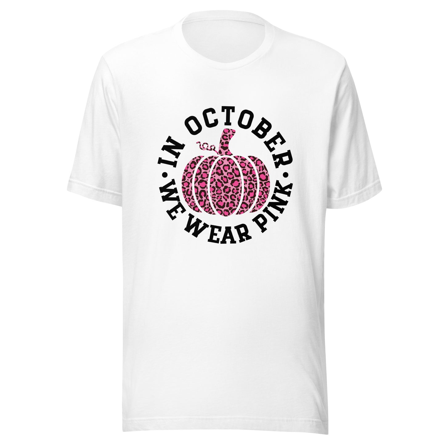 October We Wear Pink and Black Leopard Print Pumpkin - Breast Cancer Awareness Unisex T-shirt