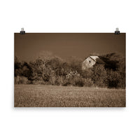 Rustic Bathroom Prints: Abandoned Barn In The Trees Sepia Landscape Photo Loose Wall Art - PIPAFINEART