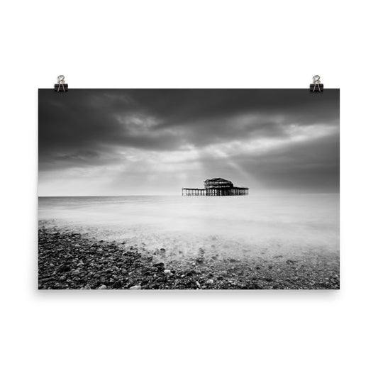 24X36 Beach Poster: Abandoned West Pier Coastal Seascape Black and White Landscape Photo Loose Wall Art Prints