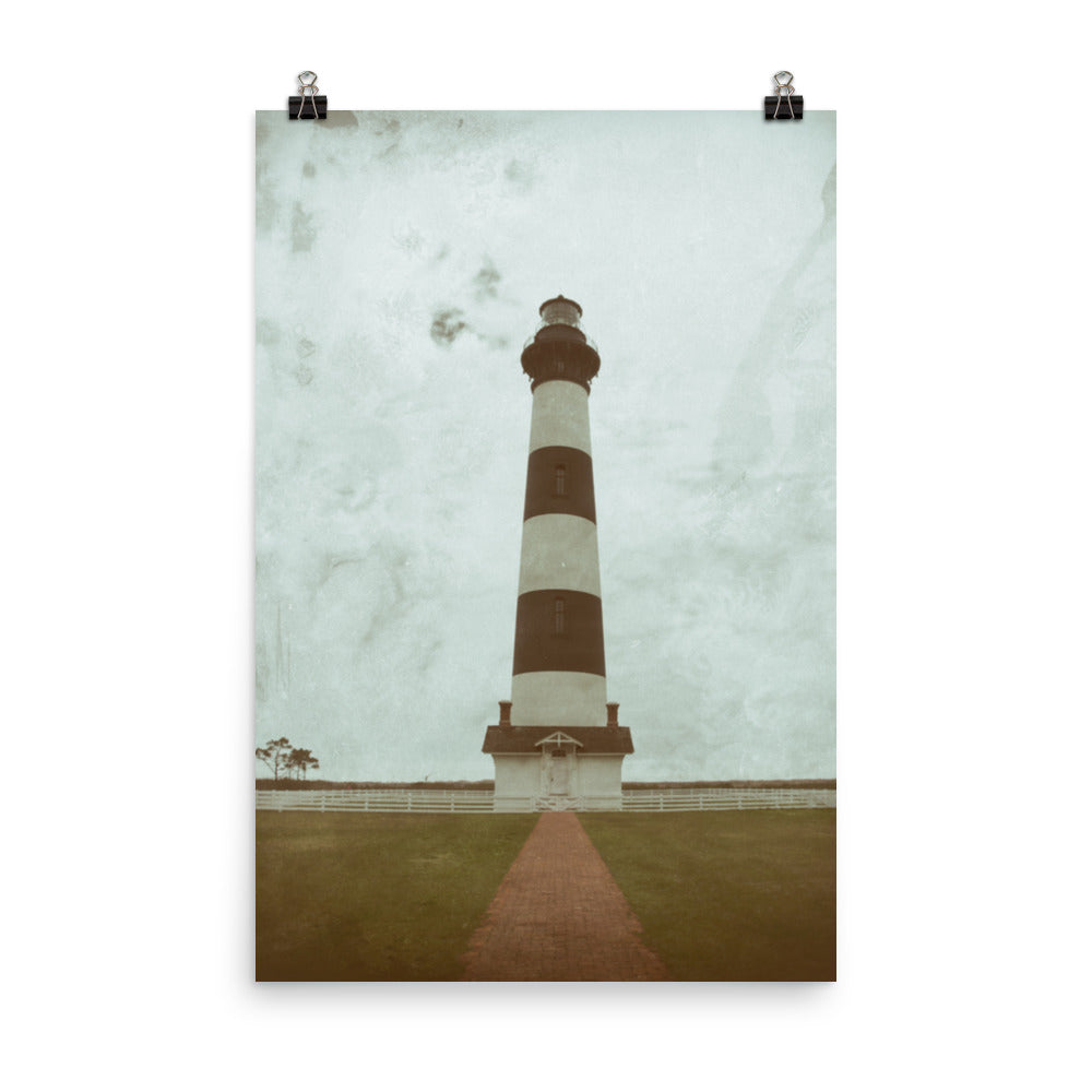 Coastal Bedroom Wall Decor: Aged Colorized Bodie Island Lighthouse Landscape Photo Loose Wall Art Print - PIPAFINEART