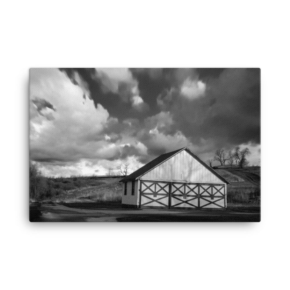 Artwork For Home Decor: Aging Barn in the Morning Sun Black and White - Rural / Country / Farmhouse Style Landscape / Nature Photograph Canvas Wall Art Print - Wall Decor - Artwork