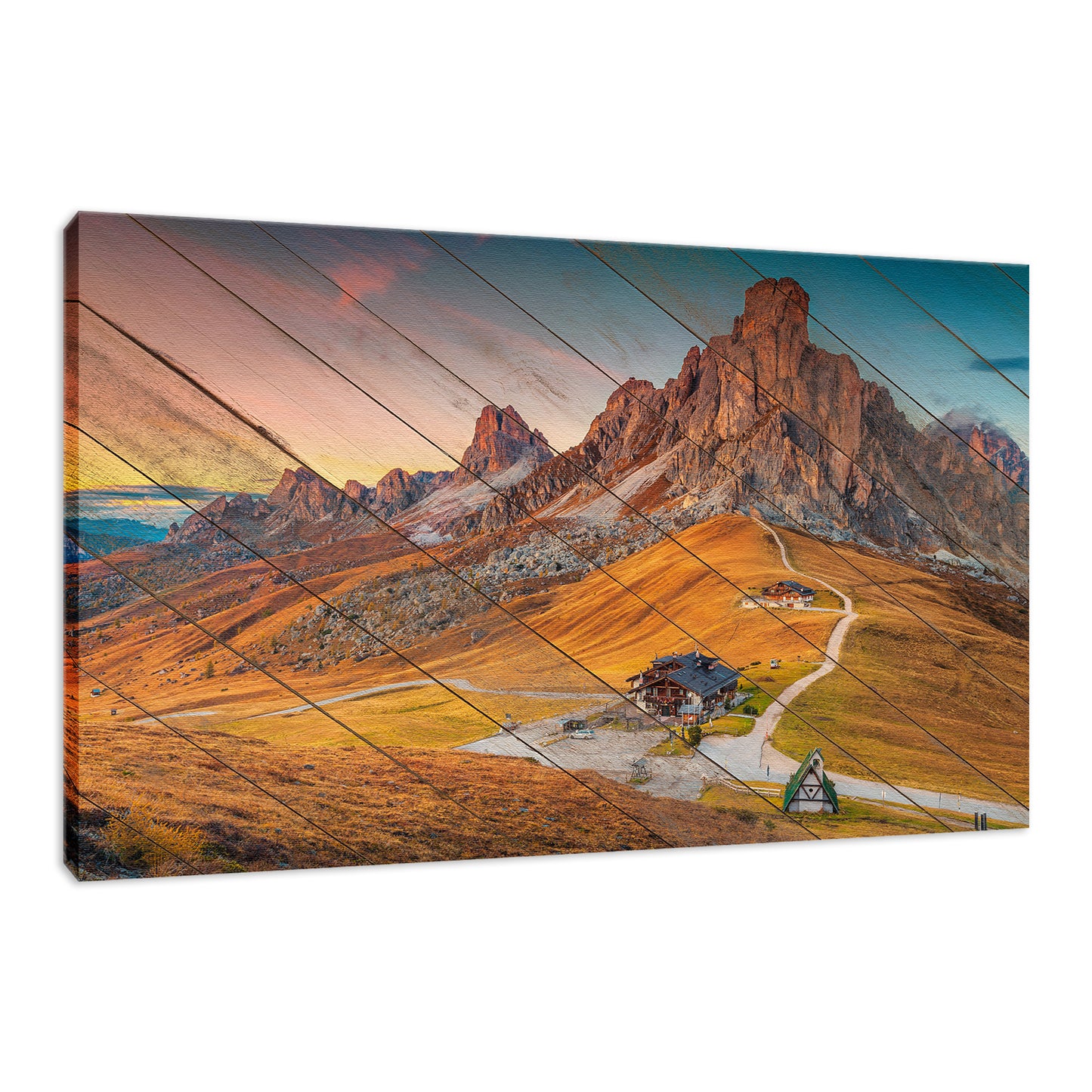 Faux Wood Majestic Sunset & Alpine Mountain Landscape Fine Art Canvas Wall Art Prints  - PIPAFINEART
