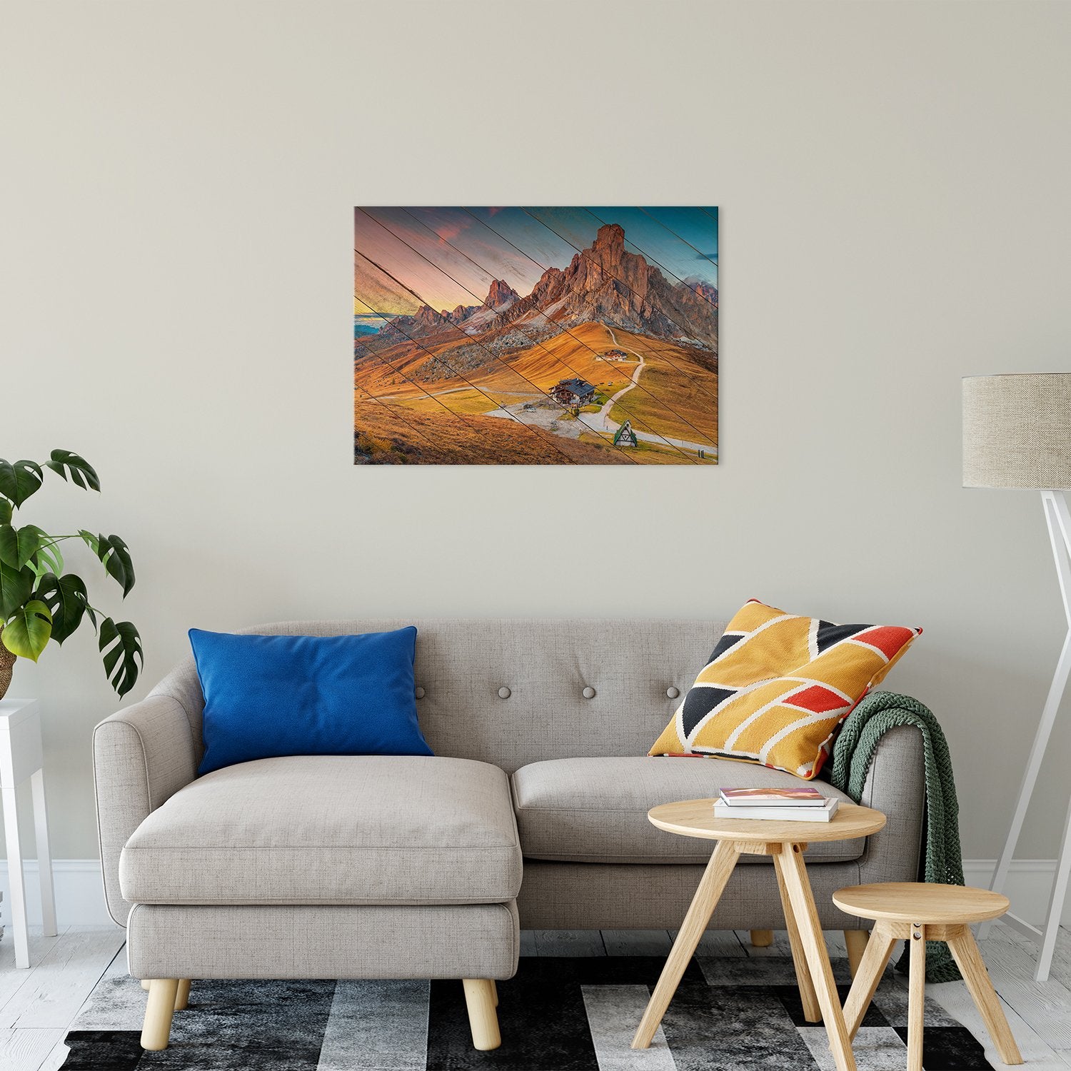 Faux Wood Majestic Sunset & Alpine Mountain Landscape Fine Art Canvas Wall Art Prints 24" x 36" - PIPAFINEART