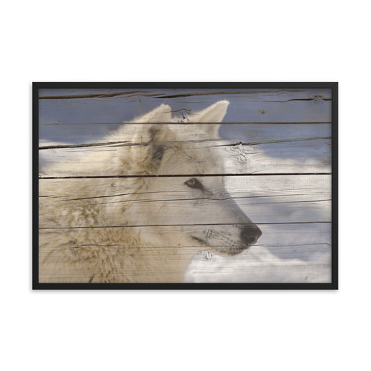 Wall Decor For Long Hallway: Aries the White Wolf Portrait on Faux Weathered Wood Texture / Animal / Wildlife / Nature Photographic Artwork - Framed Artwork - Wall Decor