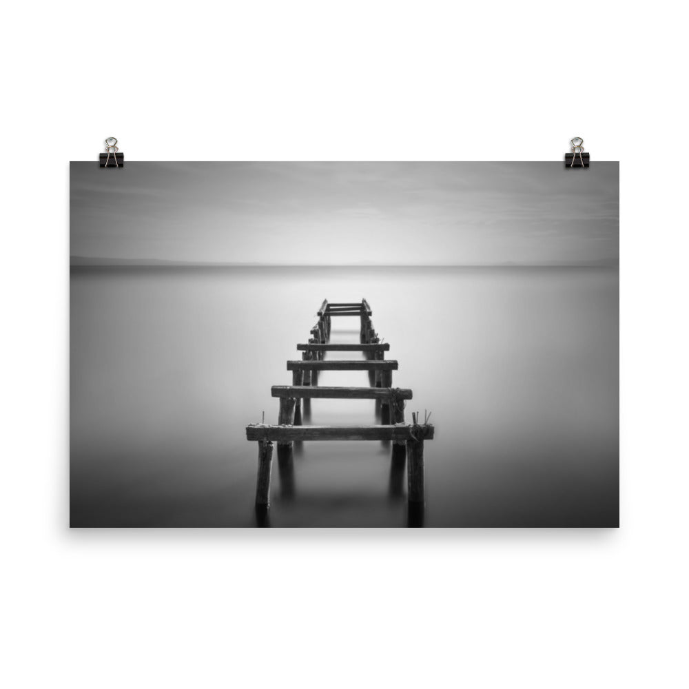 Soft Lake and Abandoned Pier Black and White Landscape Photo Loose Wall Art Prints