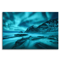 Blue Northern Lights and Mountain Coast Lofoten islands, Norway Landscape Photo Canvas Wall Art Prints