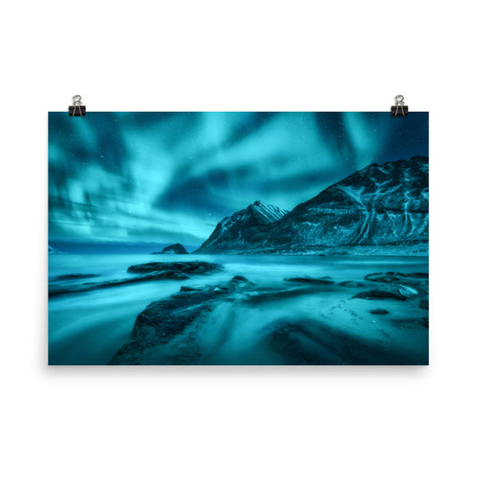 Blue Northern Lights and Mountain Coast Landscape Photo Loose Wall Art Prints