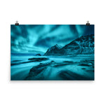 Blue Northern Lights and Mountain Coast Landscape Photo Loose Wall Art Prints