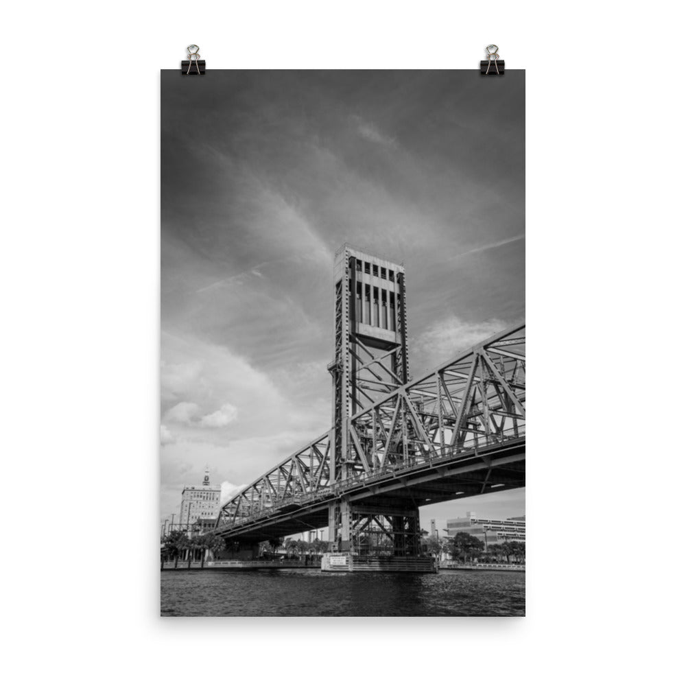 Urban Modern Wall Art: Lift Bridge of Jacksonville Florida Black and White Urban Landscape Photo - Loose Wall Art Print