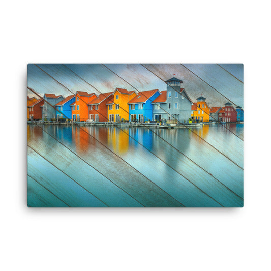 Faux Wood Blue Morning at Waters Edge Coastal Landscape Canvas Wall Art Prints