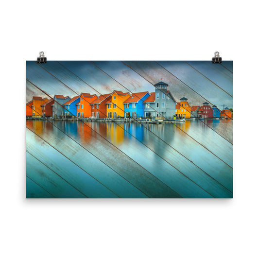 Faux Wood Blue Morning at Waters Edge Landscape Photo Loose Wall Art Prints - PIPAFINEART