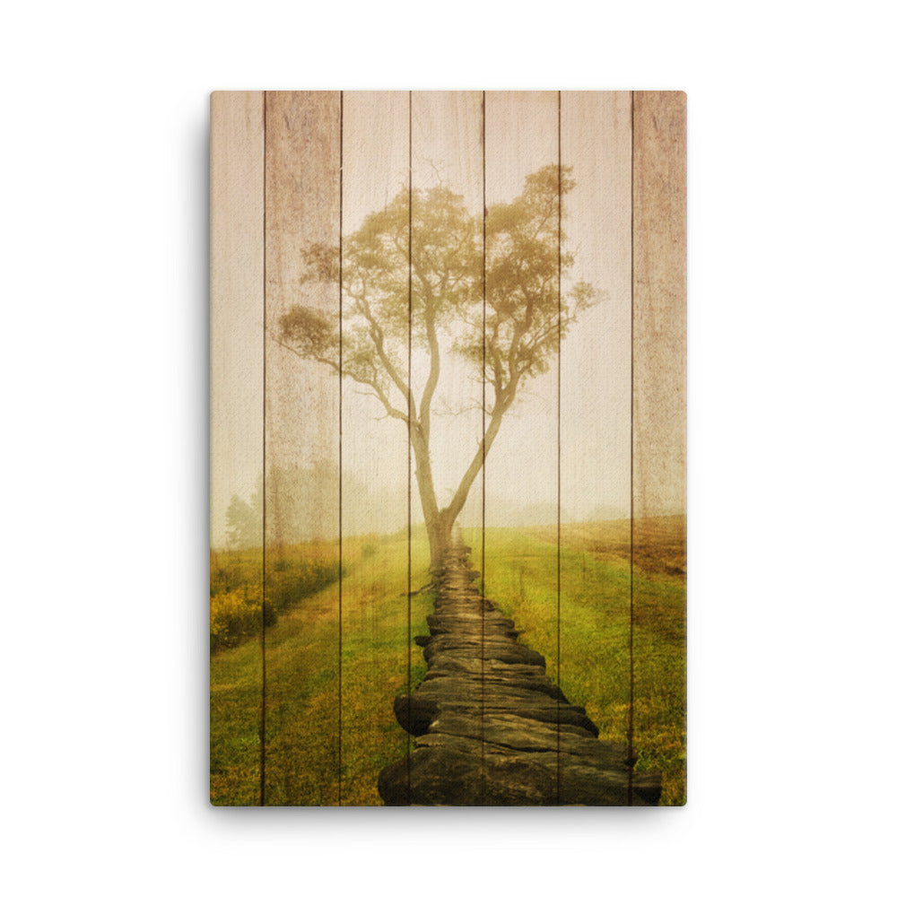 Faux Wood Calming Morning Rural Landscape Canvas Wall Art Prints