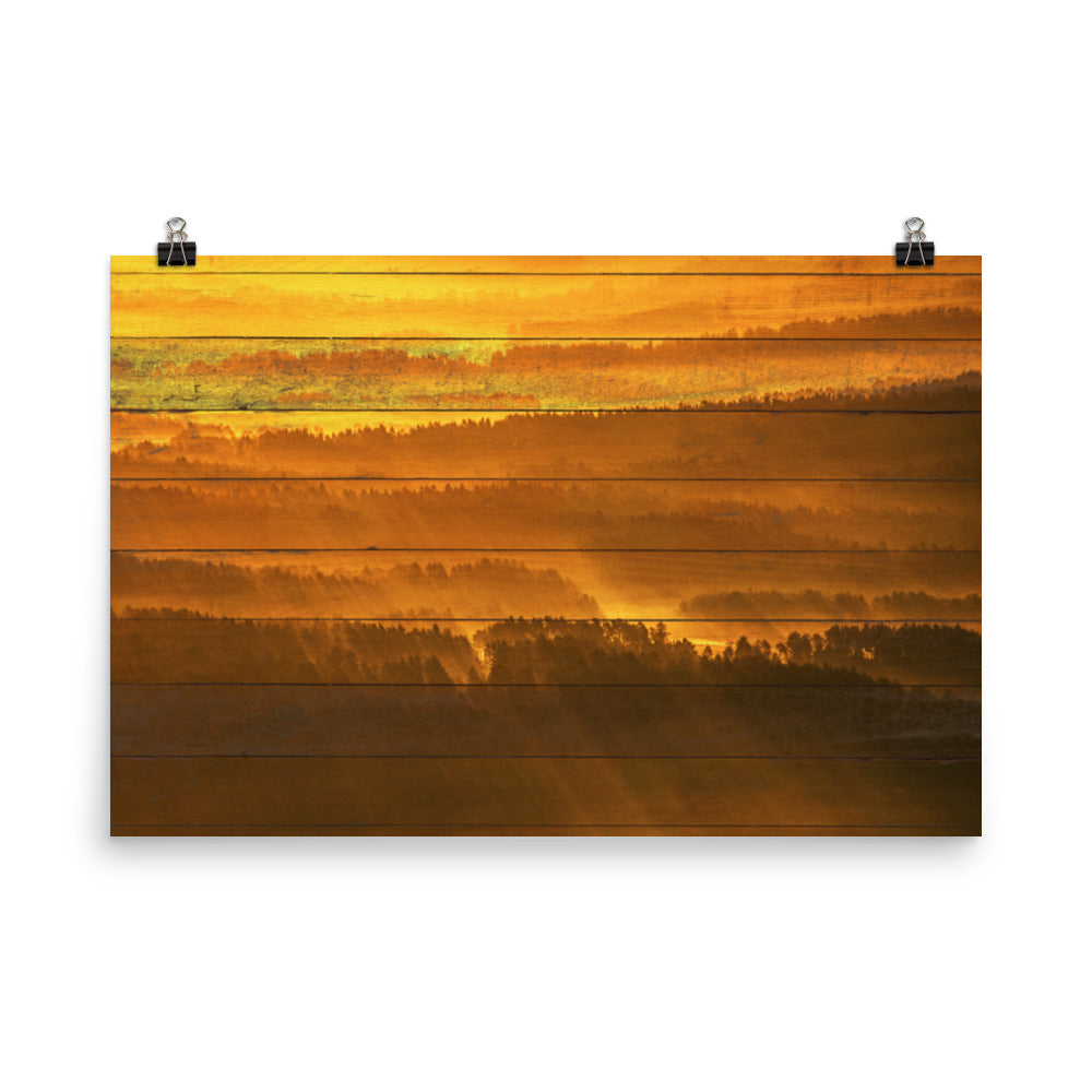 Faux Wood Golden Mist Valley - Hills & Mountain Range Landscape Photo Loose Wall Art Prints - PIPAFINEART