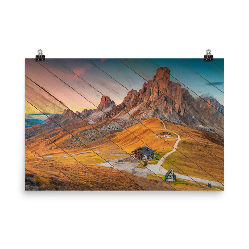 Faux Wood Majestic Sunset and Alpine Mountain Pass Landscape Photo Loose Wall Art Prints - PIPAFINEART
