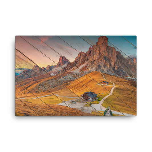 Faux Wood Majestic Sunset and Alpine Mountain Pass Canvas Wall Art Prints