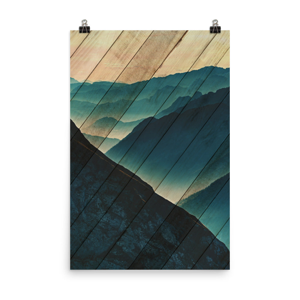 Faux Wood Misty Blue Silhouette Mountain Range Landscape Photo Loose Wall Art Print - PIPAFINEART