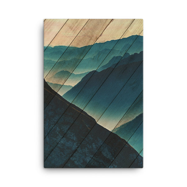 Faux Wood Misty Blue Silhouette Mountain Range Rural Landscape Canvas Wall Art Prints