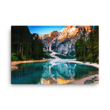 Faux Wood Misty Lake and Snowcap Mountain Reflections Rural Landscape Canvas Wall Art Prints