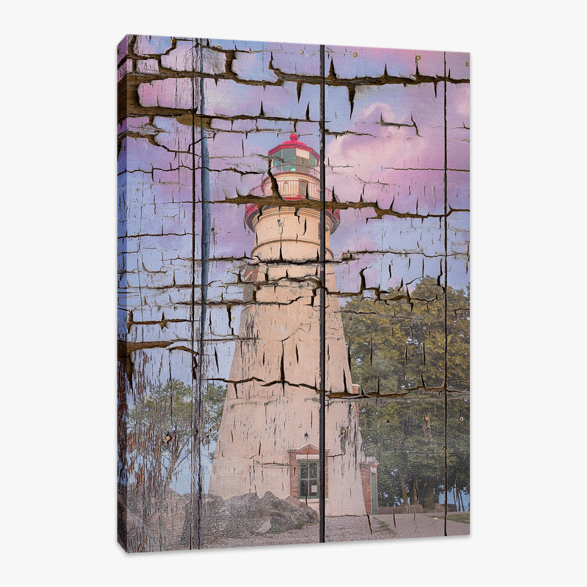 Faux Wood Texture Marblehead Lighthouse at Sunset Fine Art Canvas Wall Art Prints  - PIPAFINEART