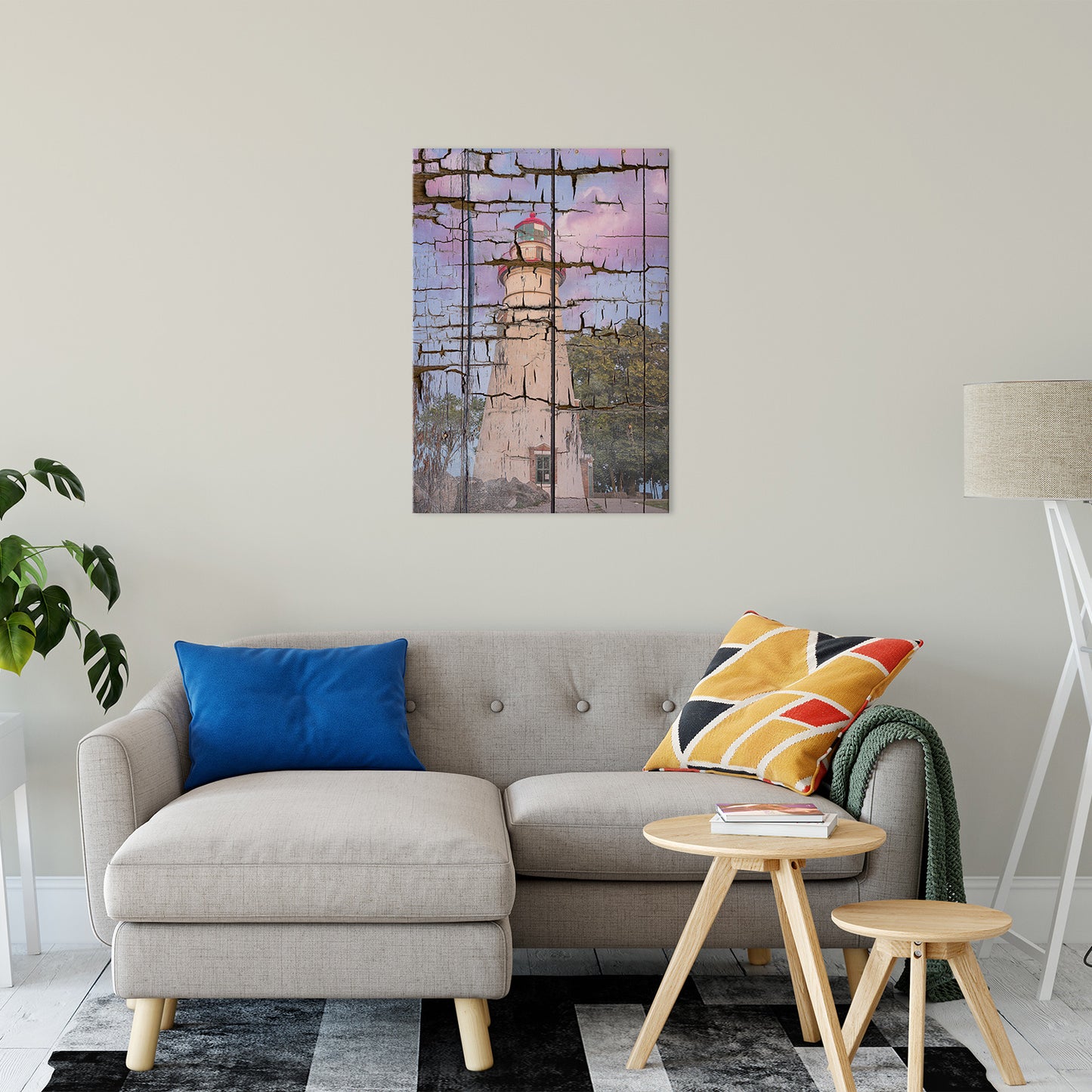 Faux Wood Texture Marblehead Lighthouse at Sunset Fine Art Canvas Wall Art Prints 24" x 36" - PIPAFINEART