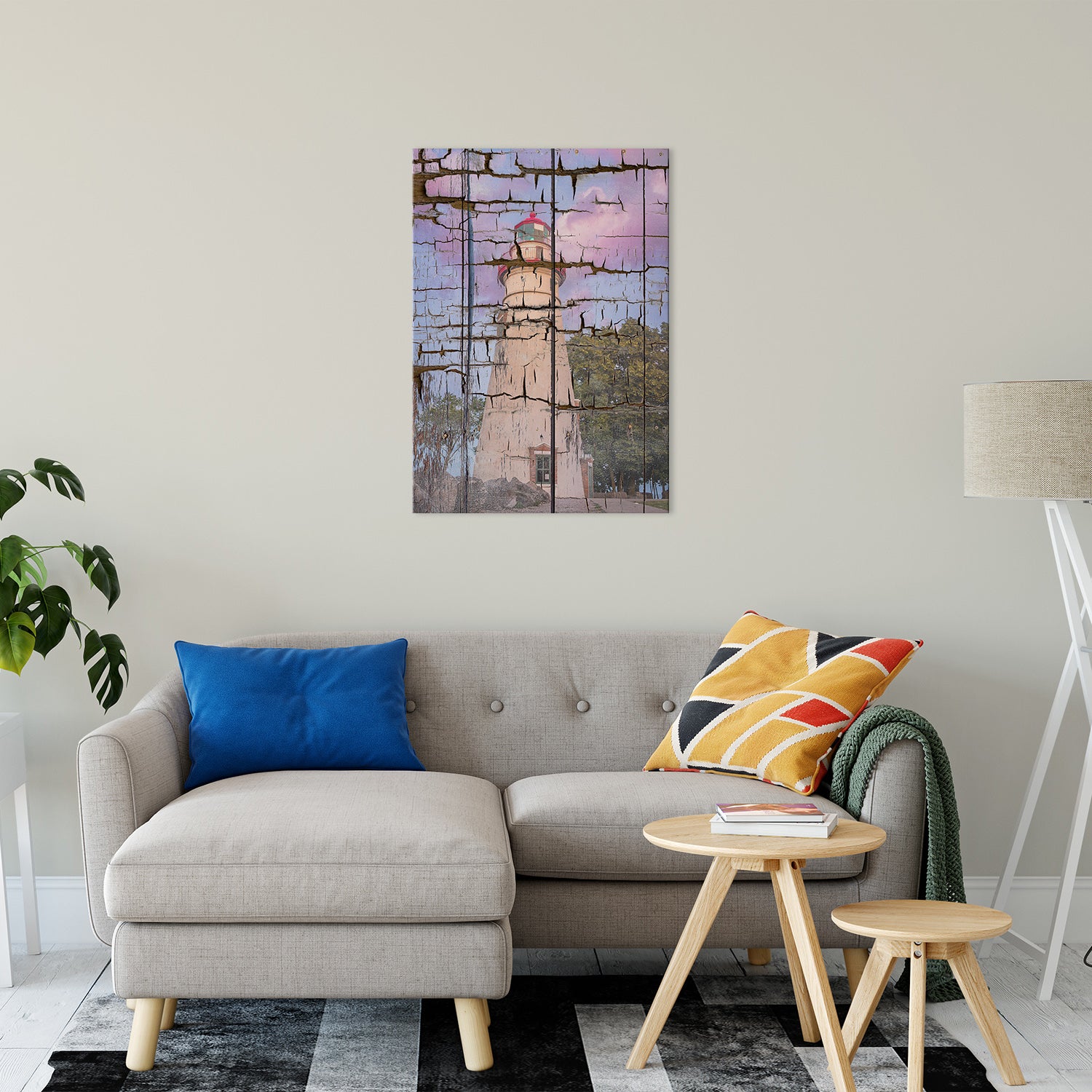 Faux Wood Texture Marblehead Lighthouse at Sunset Fine Art Canvas Wall Art Prints 24" x 36" - PIPAFINEART