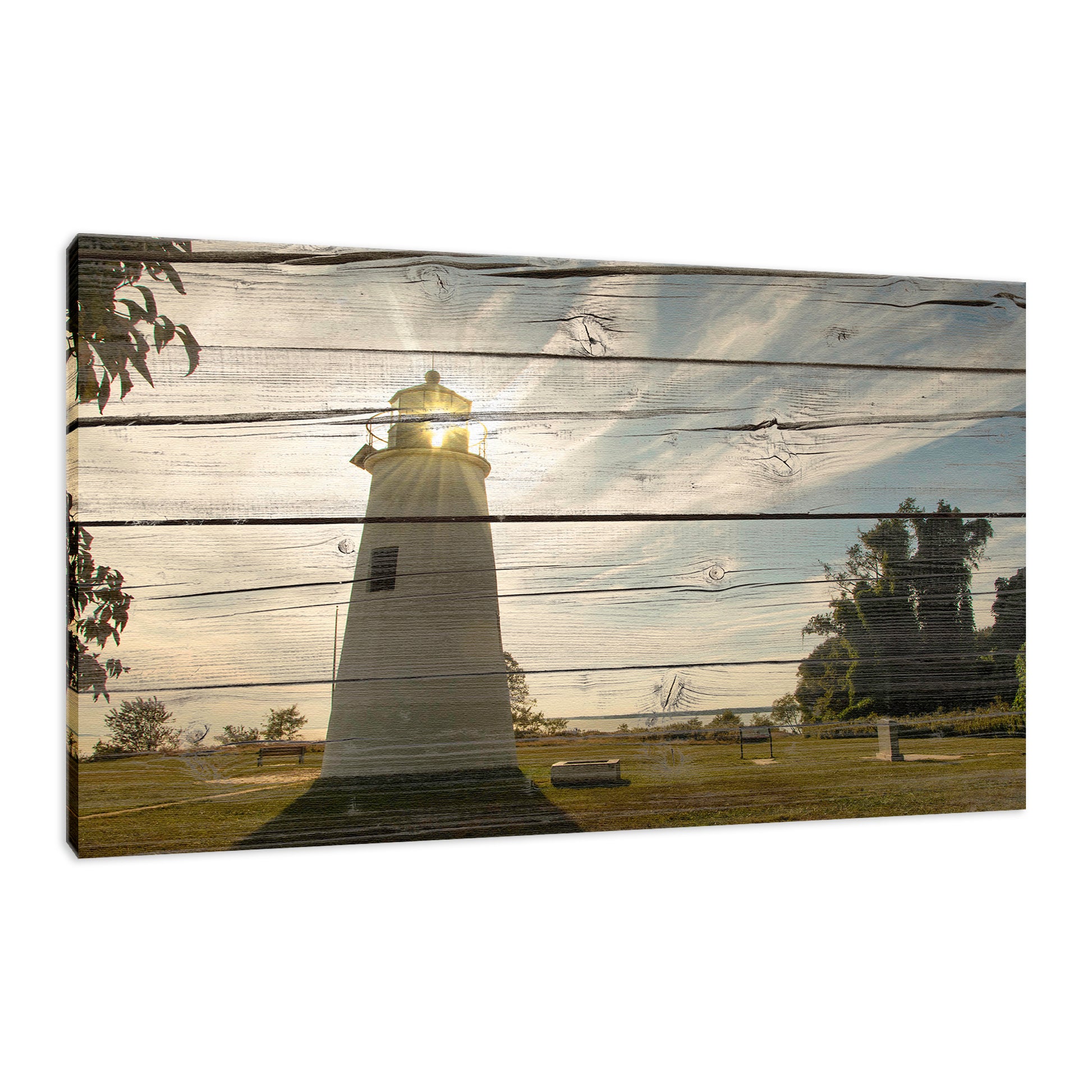Faux Rustic Reclaimed Wood Turkey Point Lighthouse Fine Art Canvas Wall Art Prints  - PIPAFINEART