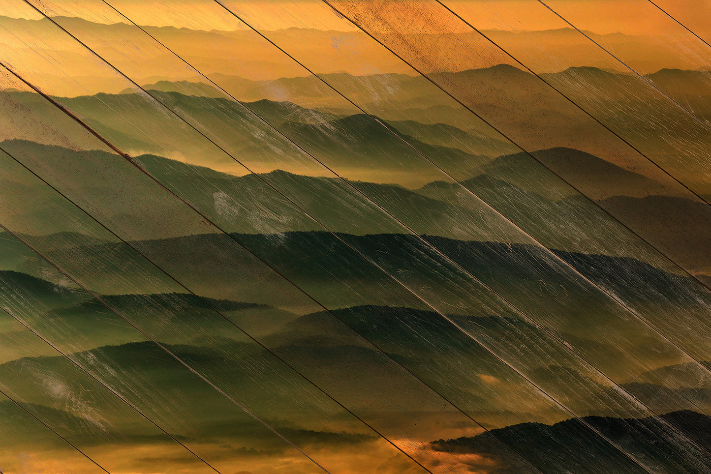 Faux Wood Foggy Mountain Layers at Sunset Landscape Fine Art Canvas Wall Art Prints  - PIPAFINEART