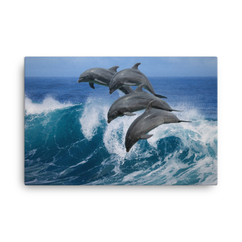 Four Bottle Noise Dolphins Jumping Waves In Tropical Blue Ocean Animal Wildlife Photograph Canvas Wall Art Print