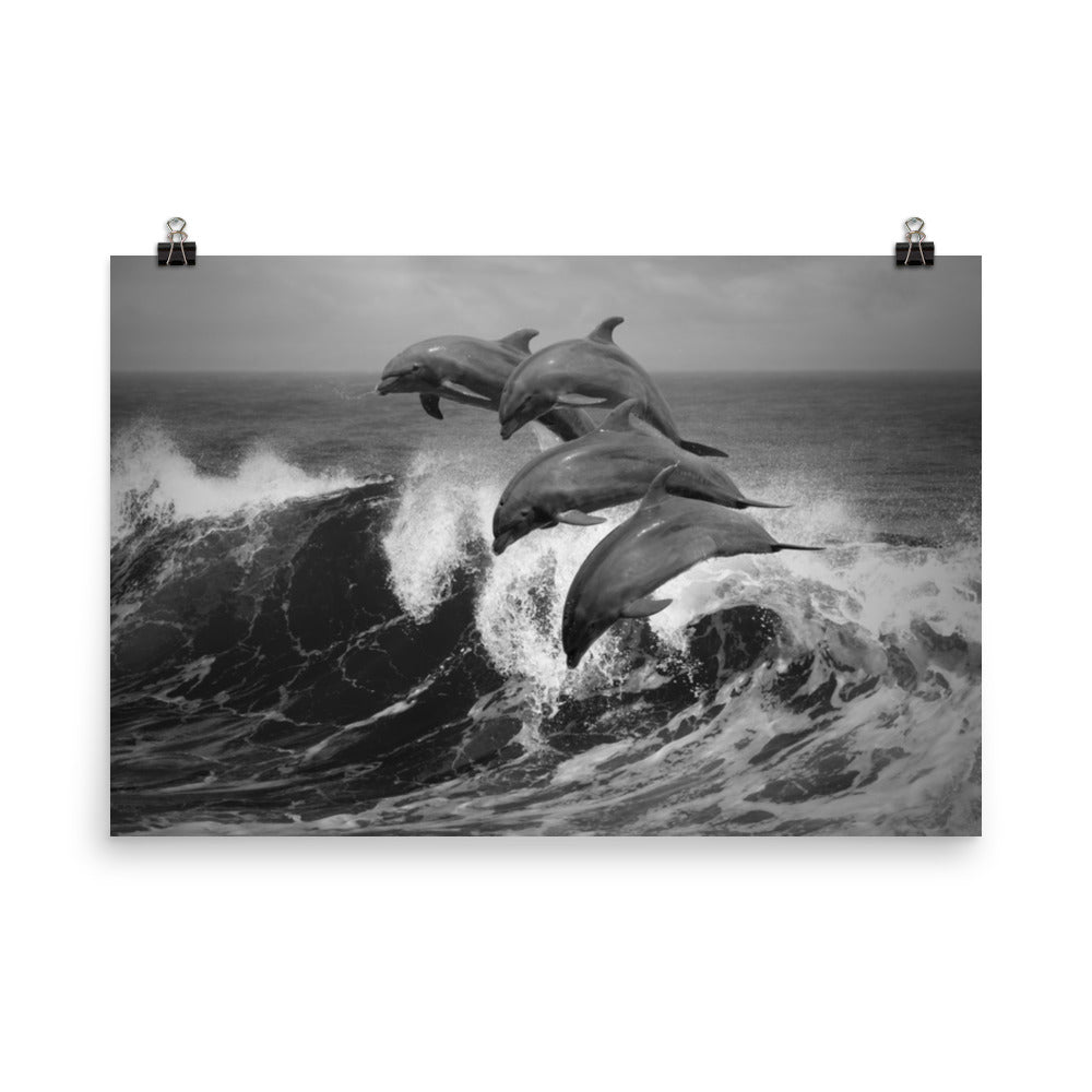 Four Bottle Noise Dolphins Jumping Waves In Tropical Ocean Black and White Animal Wildlife Photograph Loose Wall Art Print